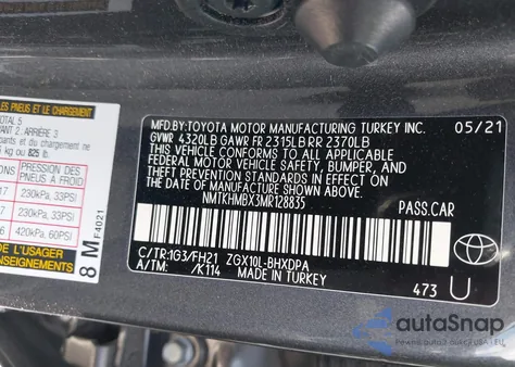 2021 Toyota C-Hr Le z USA, uszkodzony, nr VIN NMTKHMBX3MR128835